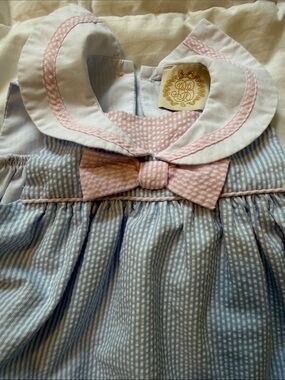 The Beaufort Bonnet Company seersucker bubble Blue /White with pink bow/trim 12